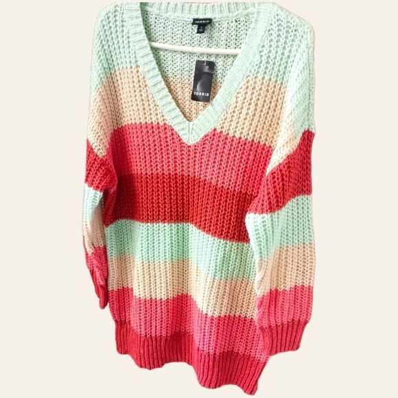 TORRID Plus Size multi- color striped V- neck cozy pullover sweater 1X-2X - Picture 5 of 14